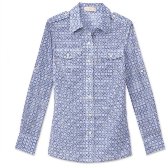 Tory Burch Button Down Brigette Blue Logo Print - Picture 5 of 5